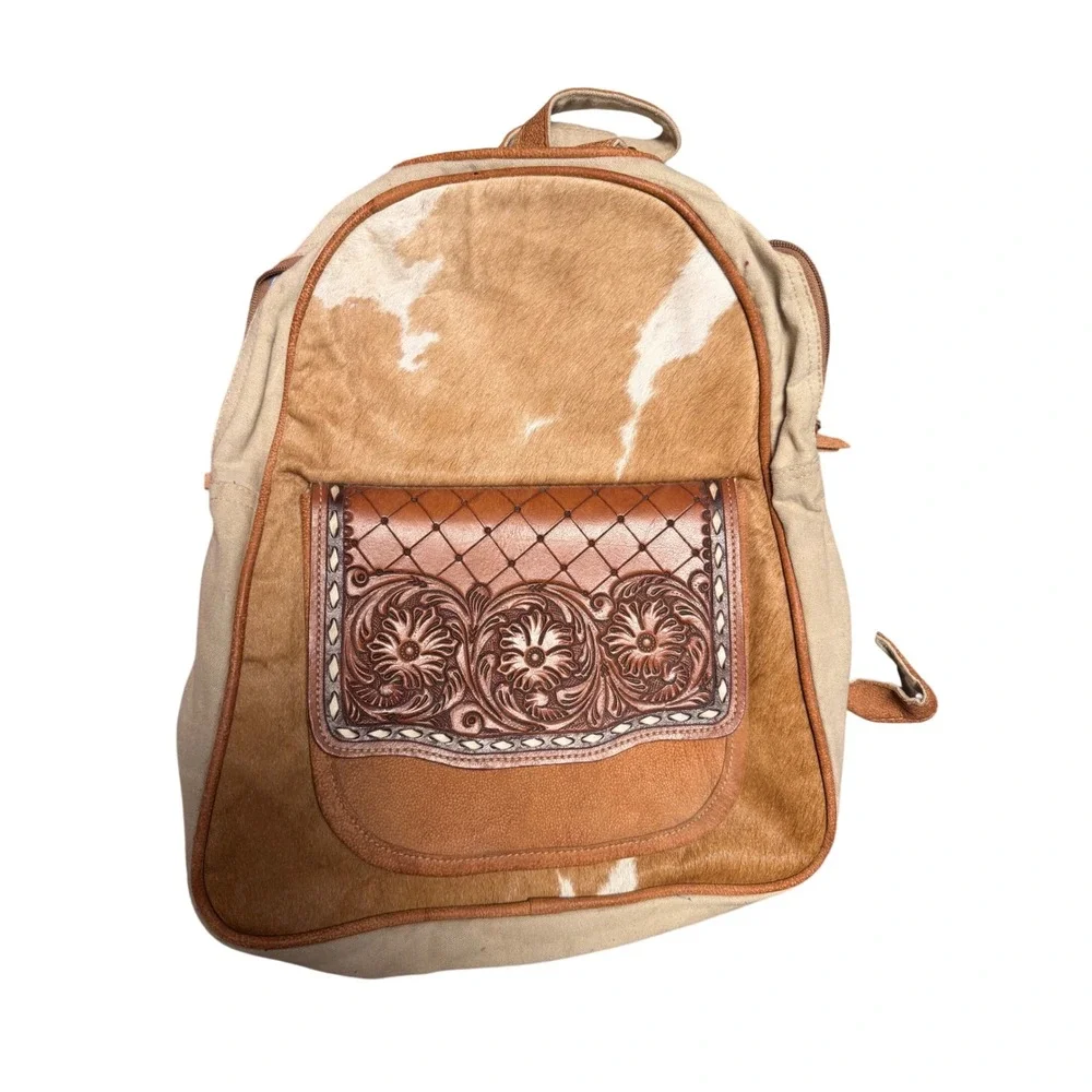Flawed Gem! Western Cowhide Tooled Leather Canvas Backpack Rustic Travel Bag Flawed Gem! Western Cowhide Tooled Leather Canvas Backpack  main image 4